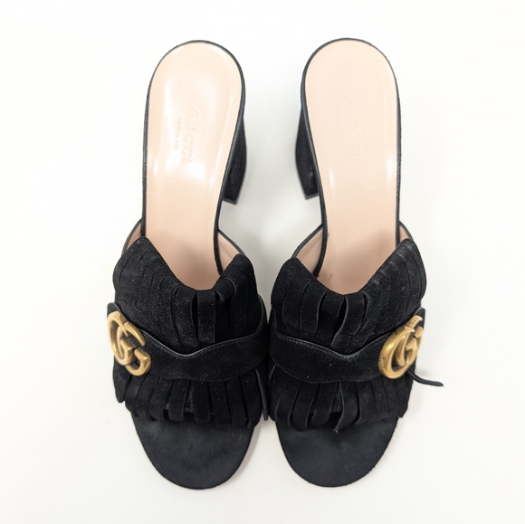 Gucci Size 40 Marmont Suede Fringe Mules Kiltie Heels Sandals Double G - Picture 12 of 15